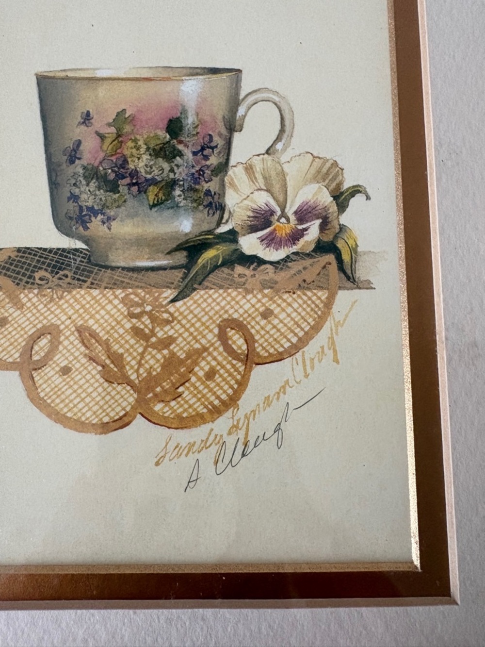 Artist Signed Sandy Clough Tea Cup Matted Framed Prints Vintage Cottage Grandma - Picture 7 of 15